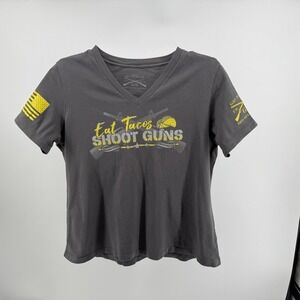 Grunt Style Womens Large Gray V Neck T-Shirt Eat Tacos Shoot Guns Graphic Tee